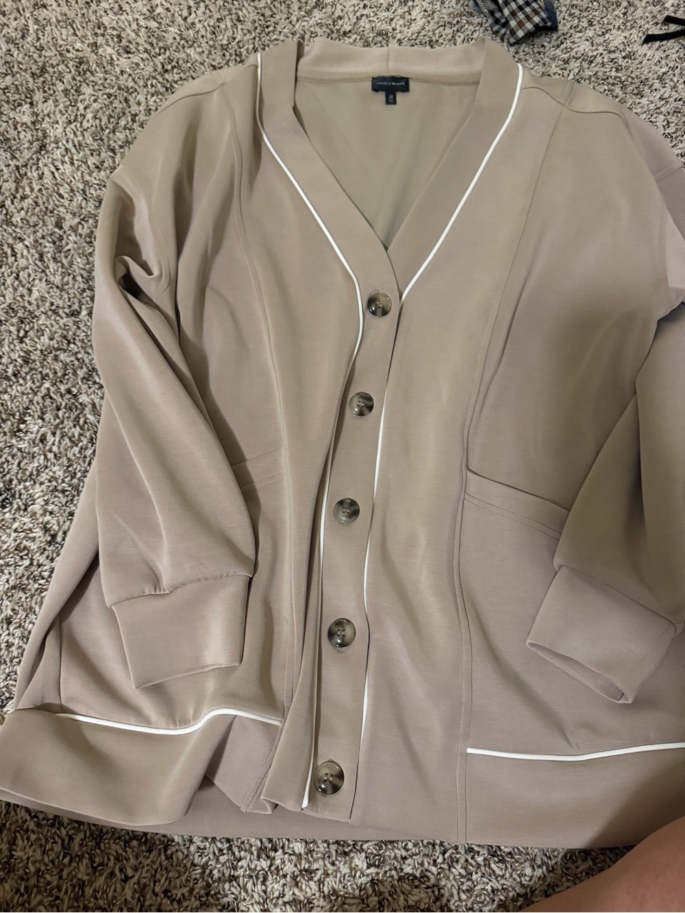 Buckle Taupe Cardigan with White Piping